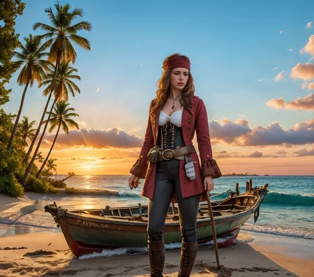 RAW photo, (masterpiece:1.3), subsurface scattering, heavy shadow, (high quality:1.4), (intricate, high detail:1.2), professional photography, HDR, High Dynamic Range, realistic, ultra realistic, photorealistic, high resolution, film photography, ambient lighting, atmospheric effects, <lora:detail_slider_v4:2>, OverallDetail, a female pirate, wearing red coat, belt, corset, shirt, black pants, jewelry, bandana, <lora:PirateGarb:0.56>, <lora:Beach:0.8>, on the beach, blue sky, cloud, island, boat, ocean, outdoors, sky, sun,