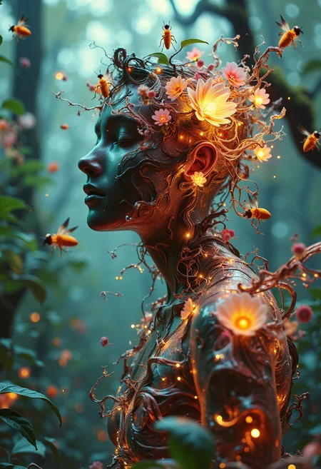Digital art full body portrait of a plant-human hybrid, vines and flowers growing from skin, surrounded by a swarm of bioluminescent insects, in a bioluminescent forest clearing, ethereal backlighting, rich emerald and amber color palette