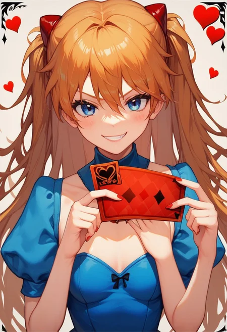 score_9, score_8_up, score_7_up, 1girl, alice in wonderland style, Asuka Langley, blue dress, detached collar, Queen of Hearts, holding card, smug grin