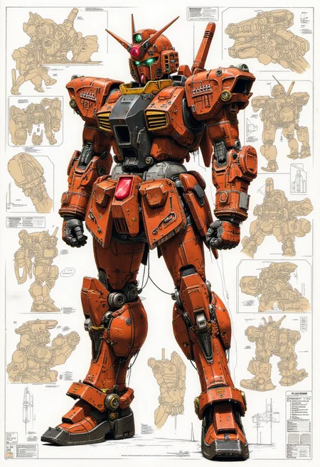 This image provides an exceptional level of technical detail and a view of the Mobile Suit Gundam's highly detailed, high-quality, expertly drawn design (orange and white fuse), (worst quality, low quality: 1.4), bokeh, low resolution. , text, signature, sketch, watermark, artist name, speech bubble, blur The central focus is the aggressive and dynamic exterior of the mecha with its bold color scheme, intricate aerodynamic bodywork and prominent gundam decoration. Surrounding Gundam are detailed engineering drawings, schematics and dimensional diagrams that reveal the sophisticated design and engineering principles underlying the construction of the vehicle. Accurate technical renderings show the complex suspension geometry, intricate
 <lora:Dieselcore:0.7><lora:Glitchcore_Flux:0.4>