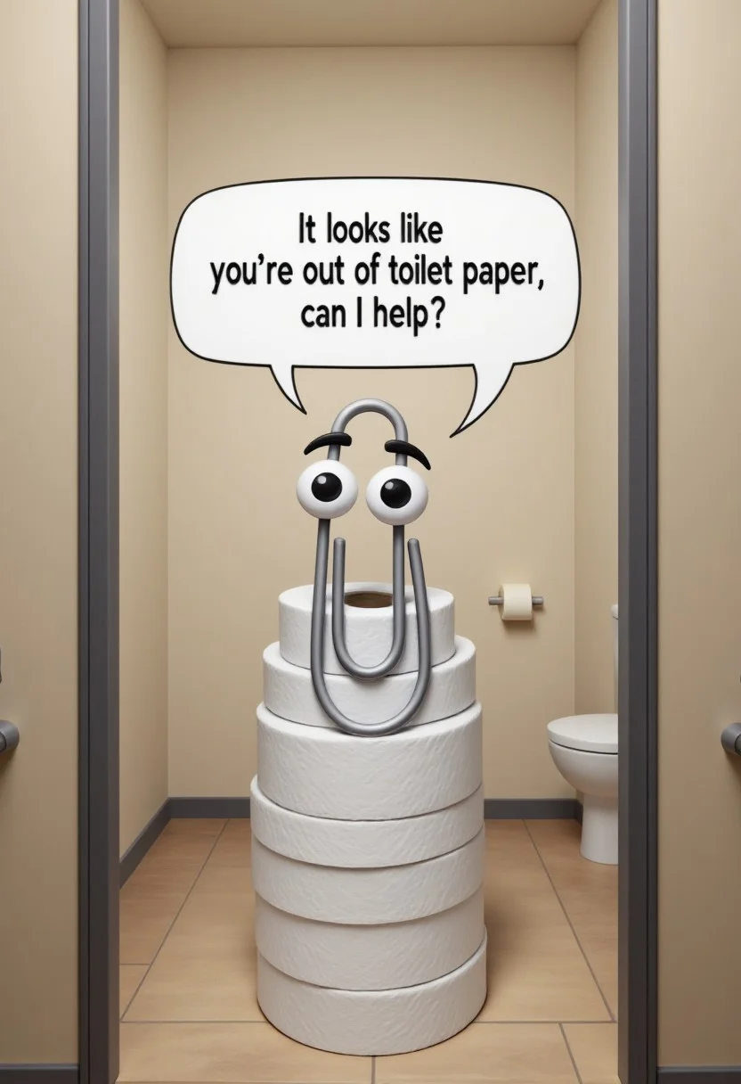clippy sitting on a stack of toilet paper in a bathroom stall with the speech bubble "it looks like you're out of toilet paper, can I help?"