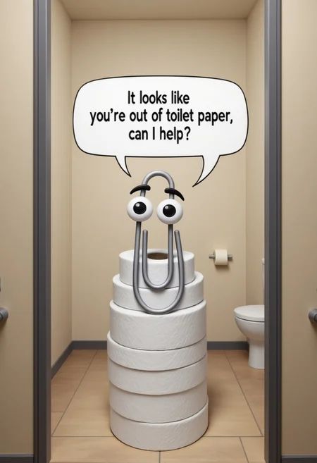clippy sitting on a stack of toilet paper in a bathroom stall with the speech bubble "it looks like you're out of toilet paper, can I help?"