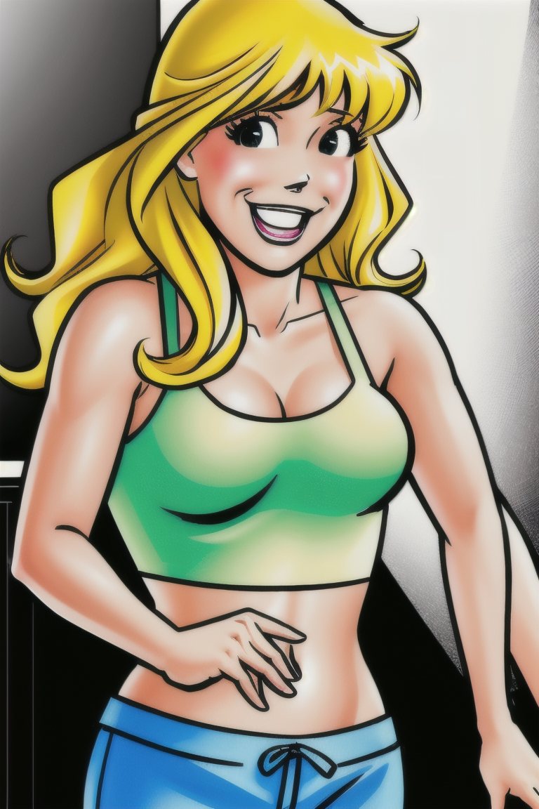 in the Kitchen, (Realistic:1.5) 1girl, solo, long hair, breasts, smile, open mouth, blonde hair, Cargo pants with a tank top, <lora:EdobBettyDanParent_v1.0:0.8>