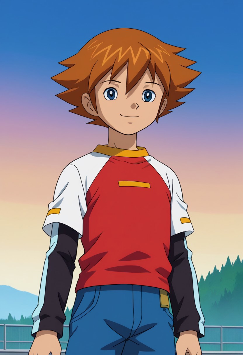 score_9, score_7_up, source_anime
chrisdyke, 1boy, male focus, solo, blue eyes, brown hair, short hair, spiked hair, hair beyween eyes, shirt, raglan sleeves, multicolored shirt, red and white shirt, long sleeves, layered sleeves, short over long sleeves, black sleeves, smile
outdoor, sky,
