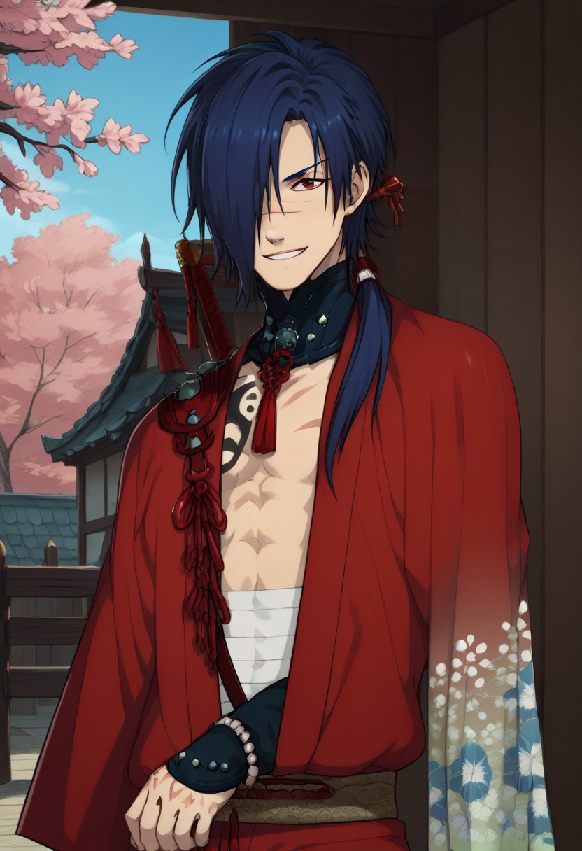 score_9, score_8_up, score_7_up, source_anime, highly detailed, 
koujaku, 1boy, male focus, solo, blue hair, ponytail, long hair, hair over one eye, red eyes, scar, scar on face, japanese clothes, kimono, red kimono, sarashi, midriff sarashi, smile, gloves, fingerless gloves,
outdoor, sky, cherry blossoms,