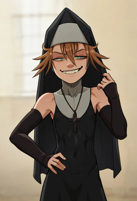 score_9, score_8_up, score_7_up, <lora:add-detail-xl:3>,
BREAK
<lora:Sister_Theodosia:0.8>, toddy, brown hair, green eyes, habit, nun , nun dress, elbow gloves, cross necklace,
BREAK
solo, standing, smug,upper body,