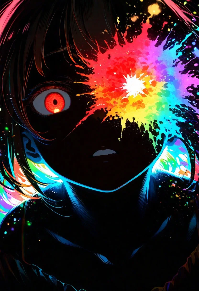 Megumin, masterpiece, best quality, amazing quality, very aesthetic, absurdres, 1 girl, backlighting, brown hair, red glowing eyes, sweet expression, looking at viewer, close-up of face, focused, face in shadow, body in shadow, dark setting, black nightgown, thin lips, narrow mouth, solo upper body, angle from above, Dutch angle, eye covered by hand, gloved hand, magic symbol on palm, glowing red symbol, bright magical particles, colorful explosion of colors, soft light, vibrant colors, multicolored rainbow light, focus on face, lots of soft light and colorful particles, colorful, masterpiece, best quality, amazing quality, very aesthetic, absurdres, newest, soft light, explosion of colors, masterpiece, best quality, colorful, bright, multicolored, bright colors of paint, masterpiece, best quality, amazing quality, very aesthetic, absurdres, lots of multicolored rainbow light, focus on the face, lots of soft light, soft colors, lots of colorful particles, dark, hard to see,