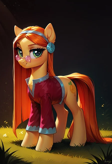 score_9, score_8_up, score_7_up, zPDXL3, high details, masterpiece, my little pony, 1girl, solo, cowboy shot
BREAK wheat_grass_mlp, feral, pony, tail, sexy, detailed fur, fluffy, eye lashes, lidden eyes, (perfect eyes:1.1), green eyes, orange hair, yellow body, cute, youthful, adorable, flirty expression, raised eyebrow, long hair, small round sunglasses, peace sigh earrings, red shirt