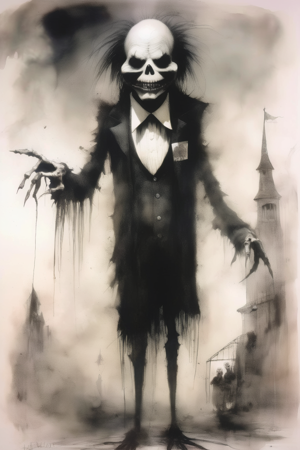 <lora:Stephen Gammell Style:1>Stephen Gammell Style - A sinister mortician, cult leader, in the style of Stephen Gammell