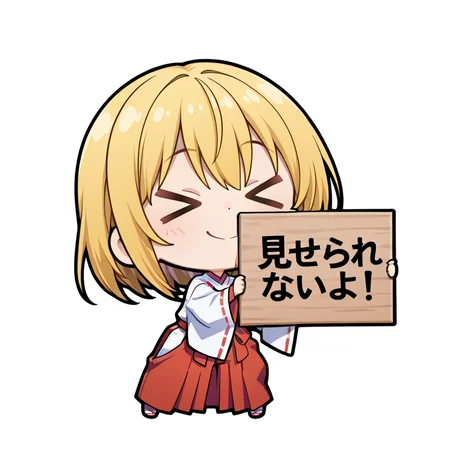 <lora:misera:1>misera,
1girl, solo,
>_<,
chibi,
smile,
full body,
closed eyes,
holding sign,
miko, miko-fuku, long sleeves, wide sleeves,
red hakama,
standing,
white background, simple background
masterpiece, beautiful face, best quality,