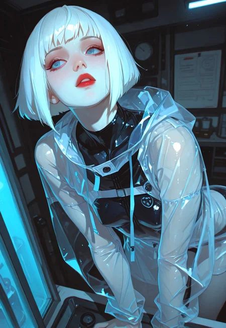 masterpiece, best quality, absurdres, volumetric lighting, pastel colors, highres, (score_9, score_8_up, score_7_up), 1girl, beautiful face, 25 years old, highly detailed face, highly detailed eyes, blue eyes, persona eyes, red lips, long and slender body, small breasts, pale skin, inverted bob, white hair, determined expression, compression shirt, transparent raincoat, standing, leaning against table, laboratory background, single light source, overhead light, harsh shadows, backlighting, anaglyph