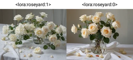 8k, RAW, masterpiece, best quality, very aesthetic, high resolution,
White roses arranged in a glass vase filled with water are placed on a white tablecloth. The roses are decaying, their petals falling onto the table. The colors of the roses are melting and flowing, an unreal and fantastic scene,
Detailed flower, still life painting, oil painting, <lora:roseyard:1>