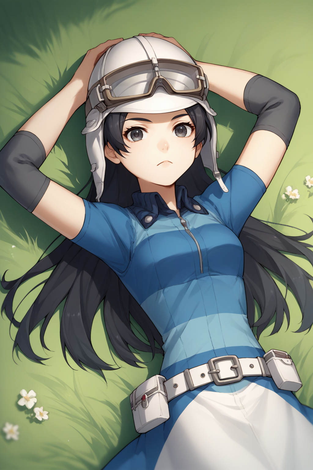 source_anime, score_9, score_8_up, 1girl, solo,  <lora:zs_AsahiXL:1> asahismtiva, long hair, black hair, helmet, goggles on head, elbow pads, belt, dress, lying down, arms open, grass field, from above, looking at the viewer, hands under head