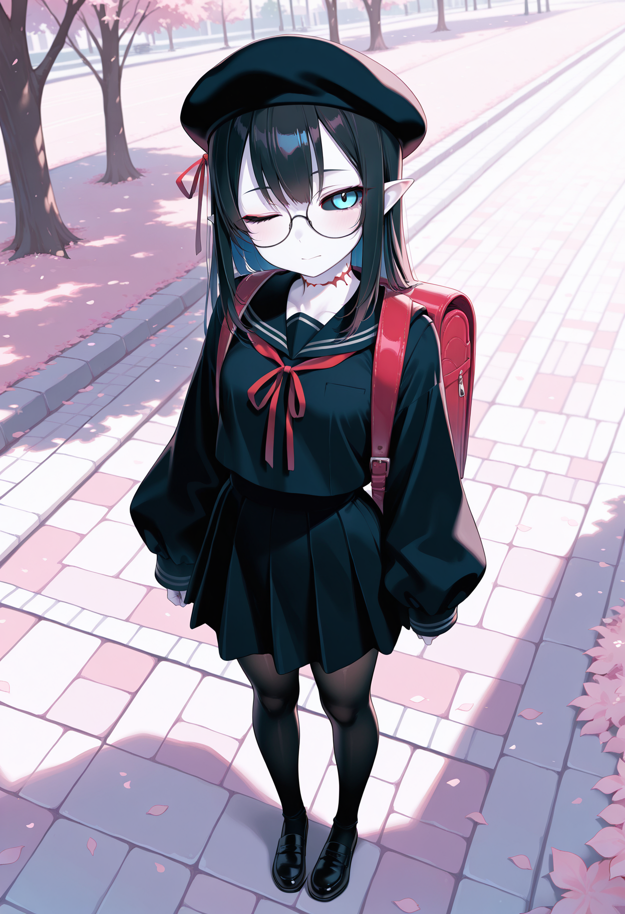 outside, park,
1girl, pointed ears, black hair, long hair, blue eyes, black sclera, colored skin, white skin, red gills on neck, small breasts,
large glasses, round glasses, black glasses, hair covers one eye, seifuku, dark blue seifuku, beret, long sleeves, baggy sleeves,black stockings, randoseru,backpack, ribbons in hair, red ribbon
from above, half smile, full body, mouth closed, 
masterpiece,best quality,amazing quality,
<lora:kitajima_yuukiIL-_style:1>, pastel colors,