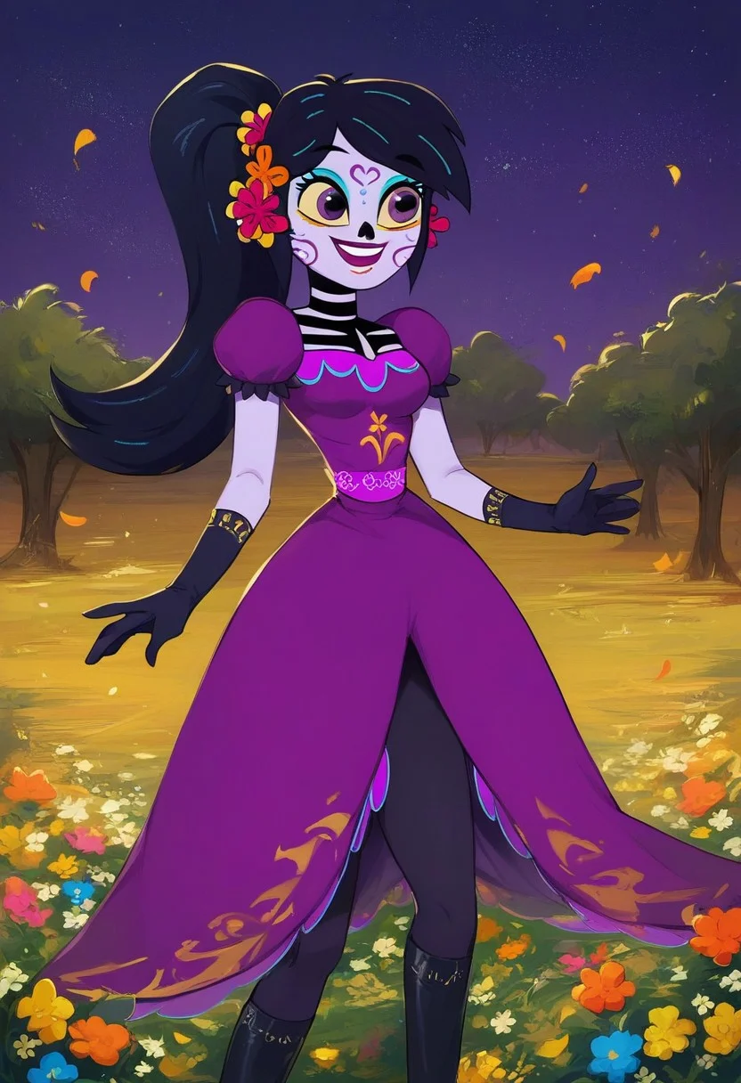 score_9, score_8_up, score_7_up, 1girl, solo, Catalina la catrina, black hair, ponytail, hair flower, yellow sclera, purple skin, purple eyes, makeup, bodypaint, medium breasts, purple dress, puffy sleeves, black gloves, black boots, smile, bunch of flowers, night sky, stars, wind, windy, falling petals, tree, flowers marigold