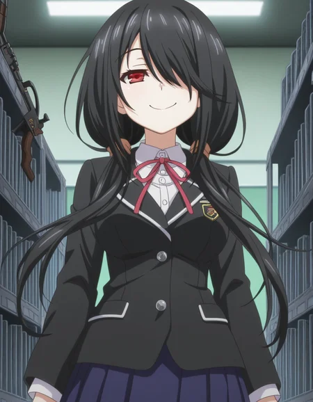 masterpiece, best quality, amazing quality,, <lora:kurumi-tokisaki-s2-illustriousxl-lora-nochekaiser:1>, kurumi tokisaki, black hair, red eyes, long hair, hair over one eye, twintails, low twintails, mature female, medium breasts, anime screencap, skirt, long sleeves, ribbon, school uniform, jacket, pleated skirt, blue skirt, blazer, black blazer,, armory, weapons, armor, storage racks, military, smile, smug, looking at viewer, solo,, cowboy shot, solo