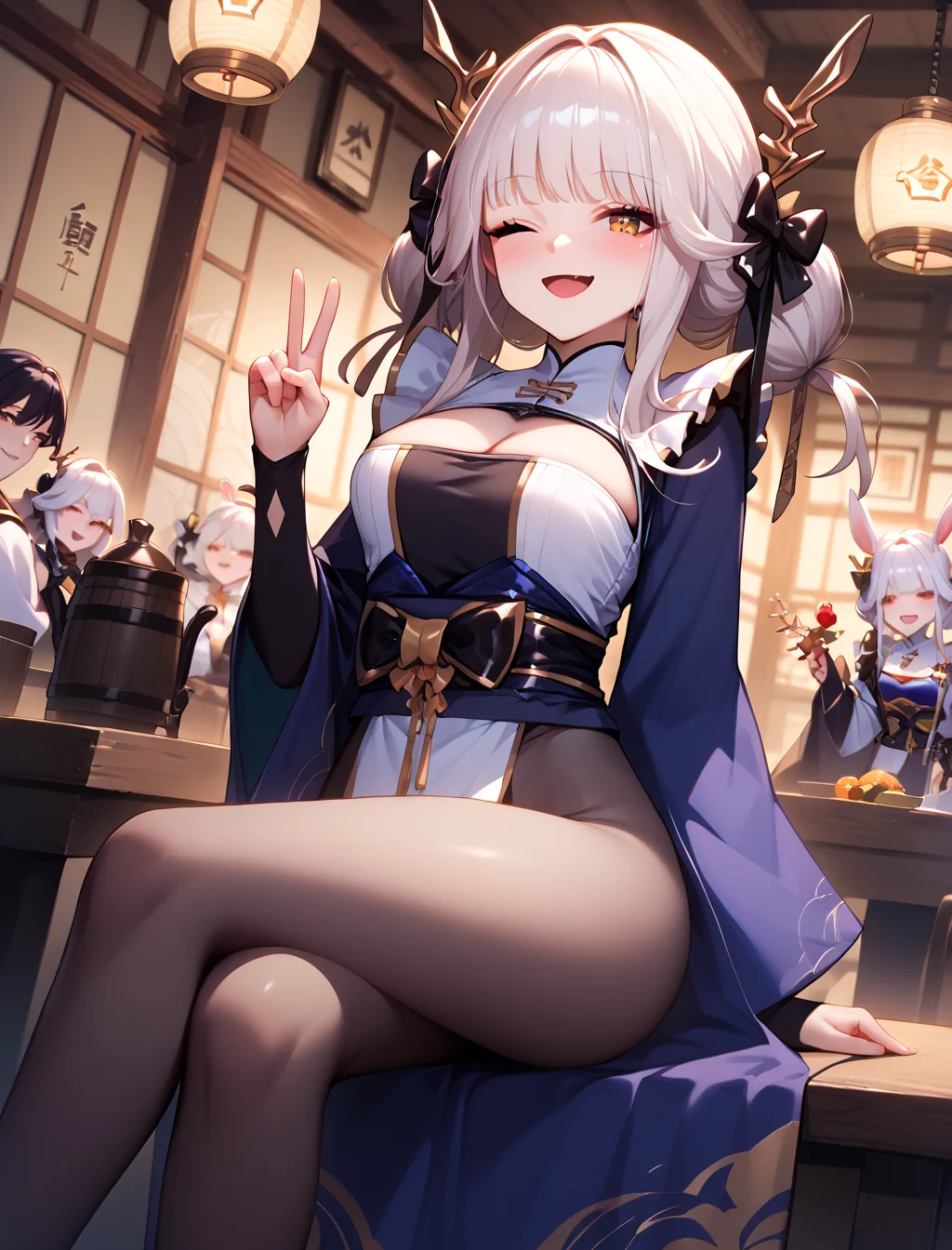 (masterpiece, best quality), absurdres, (masterpiece), best quality, game cg, absurdres, anime style, newest, score_9_up, score_8_up, score_7_up, score_6_up, score_5_up, score_4_up, score_3_up BREAK (masterpiece, best quality), absurdres, long eyelashes, BREAK <lora:Blanc_White_Rabbit__Nikke_The_Goddess_of_Victory:1>, WR_Blanc, cowboy shot, dutch angle, tavern, smile, sitting, crossed legs, peace sign, perfect hands, very detailed, wink, open mouth, blush