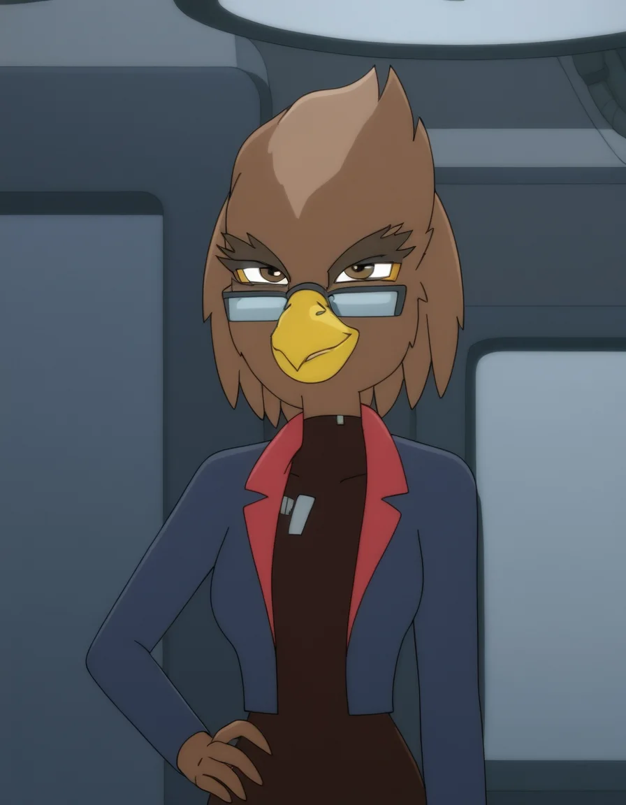 <lora:FrigleemanPonyXL:1> Frigleeman, anthro, female, bird, glasses, solo, source_cartoon, star trek, smirking
