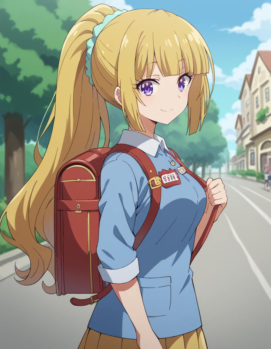 score_9, score_8_up, score_7_up, source_anime, <lora:kei-karuizawa-anime-s2-ponyxl-lora-nochekaiser:1>, kei karuizawa, long hair, bangs, blunt bangs, purple eyes, blonde hair, hair ornament, ponytail, scrunchie, blue scrunchie, medium breasts,, <lora:kindergarten-uniform-ponyxl-lora-nochekaiser:1> kindergarten uniform, school hat, yellow hat, randoseru, backpack, red bag, blue shirt, name tag, skirt, pleated skirt,, smile, street, houses, road, from side, looking at viewer, holding strap, cowboy shot,
