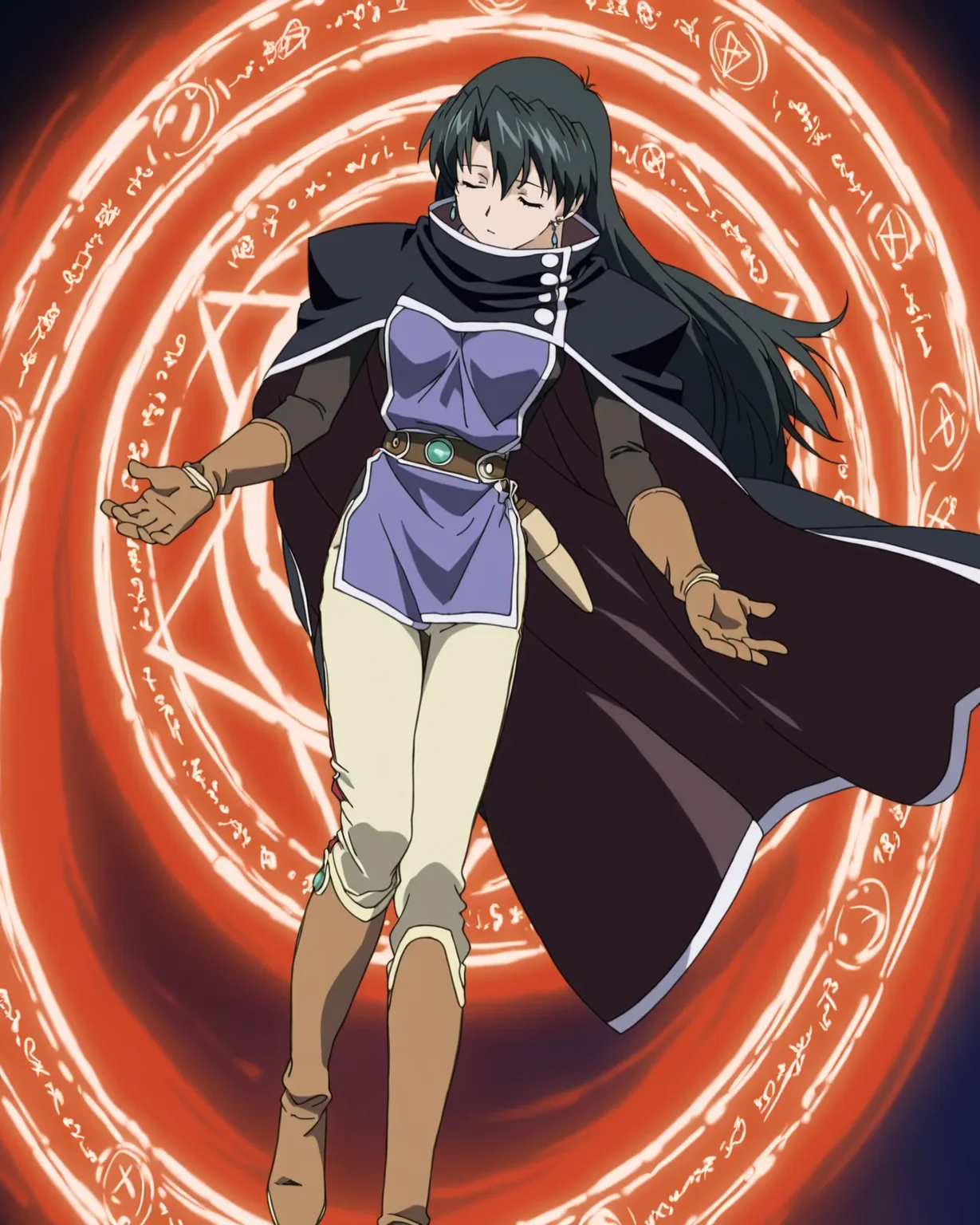<lora:Raquel_ill_v10:0.8> Raquel Casull, 1girl, solo, jewelry, earrings, cloak, black cloak, cape, black cape,, brown gloves, pants white pants, belt, knee boots, brown footwear, hair down, closed eyes, cast magic, magic circle, anime coloring, high quality,highres, absurdres, super detailed skin
