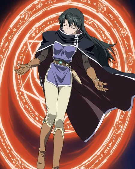 <lora:Raquel_ill_v10:0.8> Raquel Casull, 1girl, solo, jewelry, earrings, cloak, black cloak, cape, black cape,, brown gloves, pants white pants, belt, knee boots, brown footwear, hair down, closed eyes, cast magic, magic circle, anime coloring, high quality,highres, absurdres, super detailed skin