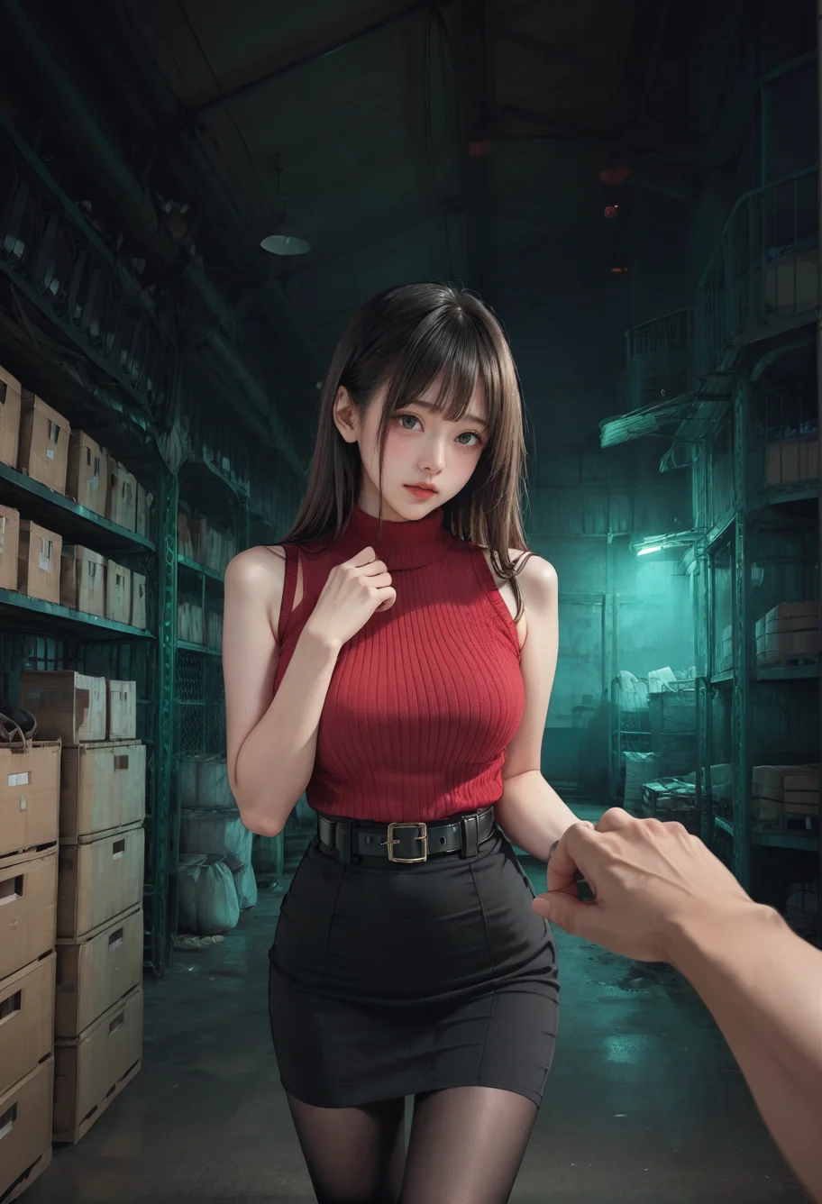 ,ruanyi0928,dark,indoors,warehouse,night,
,belt,black pantyhose,high-waist skirt,sleeveless sweater,red sweater,ruanyi0892,
head down,shy,pov,hand on hand,<lora:0928 cool color warehouse_v1_pony:0.9>,<lora:0892 Home wear_v1_pony:0.7>, score_9,score_8_up,score_7_up,,8k,1girl,solo,,