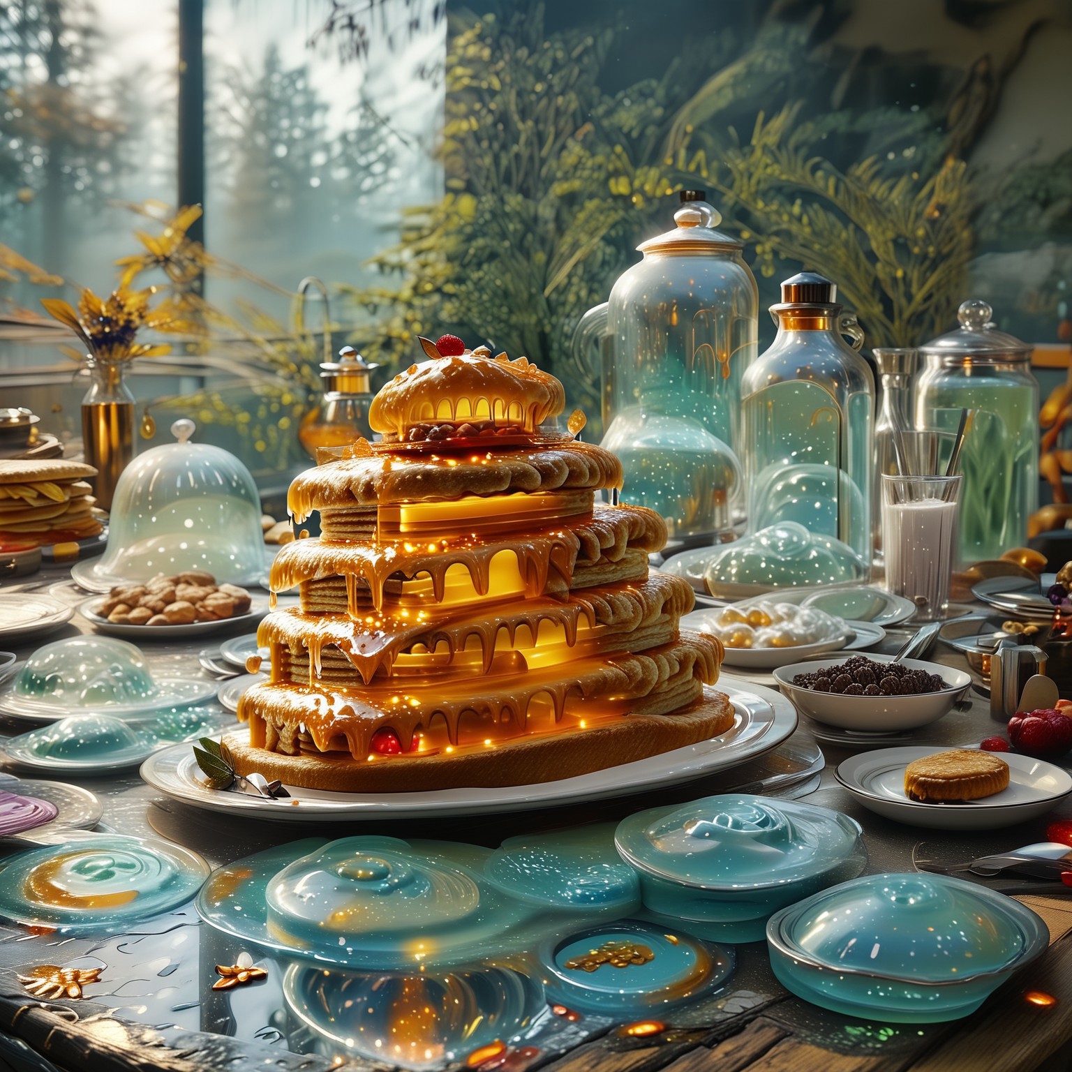 foodphoto, a stack of pancakes made out of slime, pancakes covered in syrup, a swirl of whipped topping on top of a stack of pancakes, plate made of slime, table made of slime,
natural light, no bright spots, 
((translucent slime)), ((transparent slime)), made of water, (bioluminescent slime), sl1m3, slime, slime-morph, ais-blmn, saturated colors, no creatures, no humans, no monsters, no pokemon, scenery only, scenery, ral-lava, watce