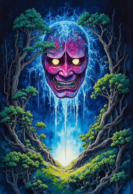 high definition digital illustration depicting a cursed wooden hannya mask radiating an eerie cyan and magenta aura displayed in a liminal bonsai garden, DB4RZ, DB4RZ style painting