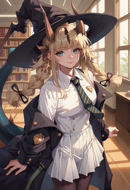 score_9, score_8_up, source_anime, 1girl, solo, ReedCurator, long hair, twin braids, horns, hair ornament, dragon tail, witch hat, white shirt, collared shirt, striped necktie, buttons, white skirt, black coat, black pantyhose, indoors, library, smile, <lora:ChamReedTFSPonyXL:1>