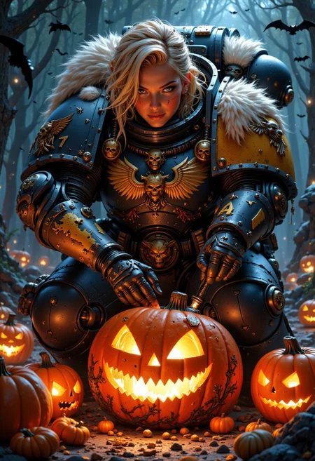 intensely focused female SpaceW40K wearing power armor, and carving a pumpkin, ghosts, bats, pumpkins, Halloween theme