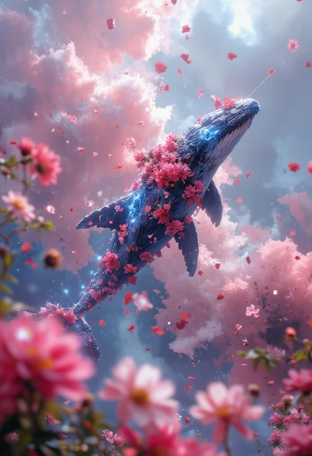 Ultra-realistic photo of a whale with skin made of red and blue peonies, floating in pink clouds. Minimum details, simple, surreal scene with soft lighting. Blurred background. shot taken on Kodak Portra