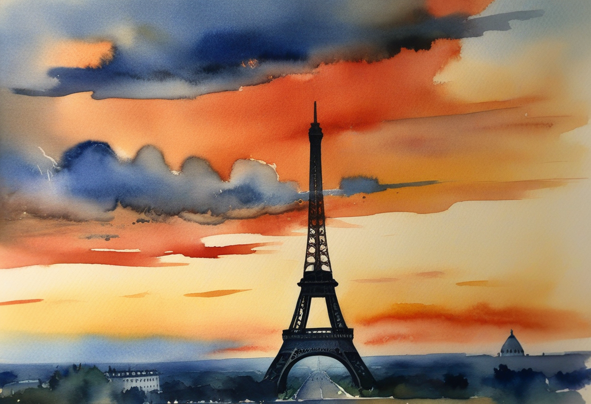 the Eifel tower in a colorful sunset with storm clouds rolling in , (watercolor painting by charles demuth:1.3), east to west perspective 
