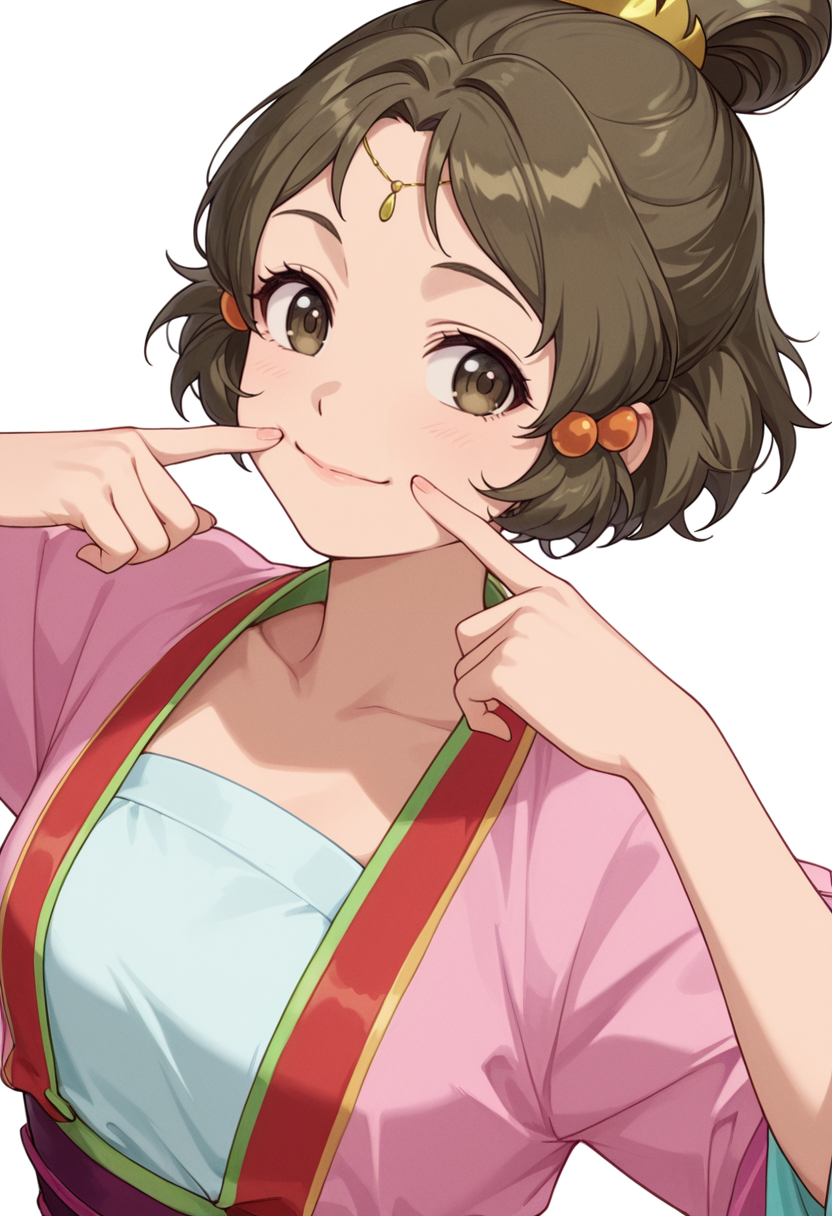 Smooth Quality,masterpiece,very intricate, high quality details, ultra realistic, high detailed skin,detailed enviorement,absurdres,
simple background, white background,solo,
dynamic angle,fingersmile,dancing, 
 <lora:Guiyuan_CNR:0.8> guiyan_cnr, 1girl,brown hair, short hair, brown eyes,hair ornament, hair bun, single hair bun,
gui_pink_cnr,chinese clothes,