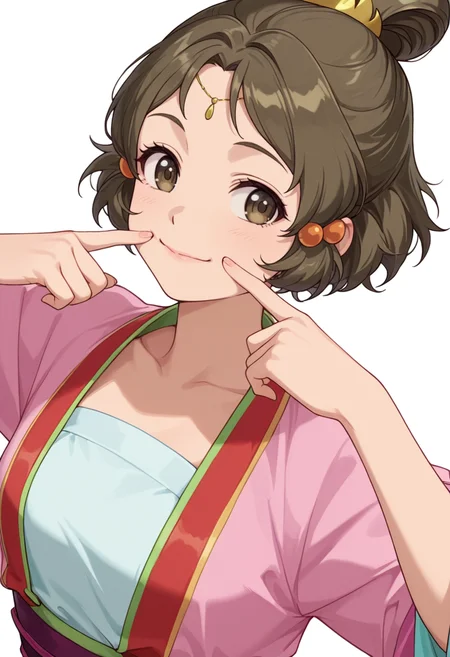 Smooth Quality,masterpiece,very intricate, high quality details, ultra realistic, high detailed skin,detailed enviorement,absurdres,
simple background, white background,solo,
dynamic angle,fingersmile,dancing,
<lora:Guiyuan_CNR:0.8> guiyan_cnr, 1girl,brown hair, short hair, brown eyes,hair ornament, hair bun, single hair bun,
gui_pink_cnr,chinese clothes,