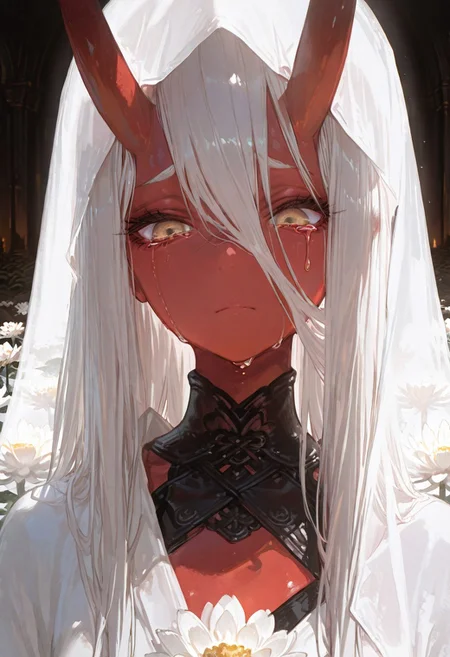 masterpiece, best quality, good quality, newest, highres, absurdres, volumetric lighting,gradient color,
BREAK
raytracing, volumetric lighting, ambient occlusion, girl, background, masterpiece, best quality, very awa, absurdres, by ratata47,
BREAK
Aka-Oni, oni, colored skin, (red skin:1.3), straight horns, solo, long hair, model style,
BREAK
masterpiece,amazing quality,best quality,ultra-detailed,8K,illustration,CG,shiny hair,clear skin,ultra-detailed-eyes, background,cute girl, eyelashes,
cinematic, (masterpiece), (best quality), (ultra-detailed), very aesthetic, illustration, perfect,best quality, amazing quality
BREAK,
cloth draped figure, white chrysanthemum, conceptual portrait, anonymous subject, obscured human form, mysterious atmosphere, minimalist composition, dark moody lighting, rich textures, monochromatic scheme, crying, teardrop,