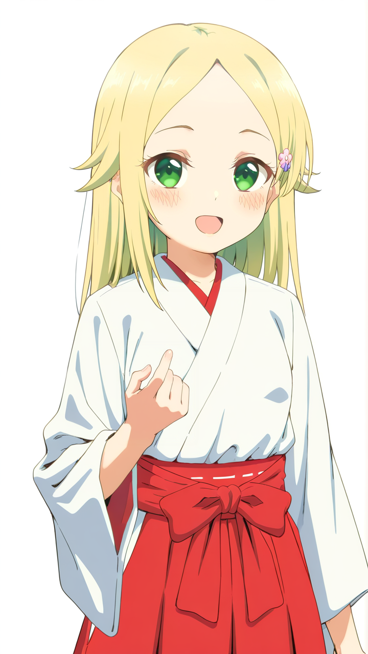 white_background,simple background,1girl,solo,looking_at_viewer,blush,anime screenshot,sincos,<lora:Matsugasaki_Karen_Illustrious_v2:1>,Matsugasaki Karen,open mouth,miko,:d,beckoning,hair_ornament,, masterpiece, best quality