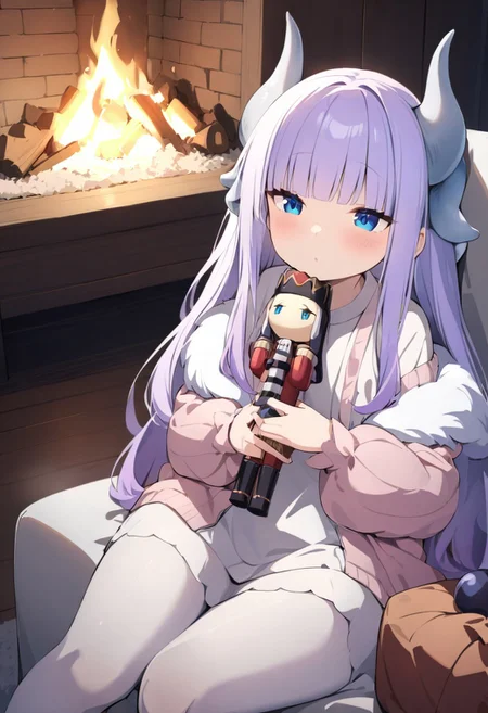 masterpiece, (Best quality:1.2), highres, (scenary:1.2), Dynamic light,, wooden,, living room,, Kanna_Kamui,, long hair, bangs, blue eyes, light purple hair, hair beads, dragon horn, horns,, holding a nutcracker, doll on the lap, fireplace flickering,, white ottoman sofa, sitting, lying on the sofa,, fluffy pillows, white carpet, flowers, lights,,