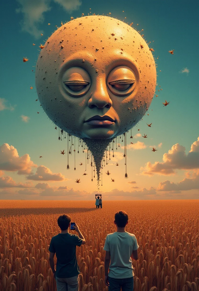 (horror: 1.2), (beautiful color:1.1, multi color, futuristic), A strangely beautiful and abstract moon that is dropping down into a wheat field. On the moon is a human face that looks emotionless and uncanny. A lot of people are using their phone to take a picture of the moon.