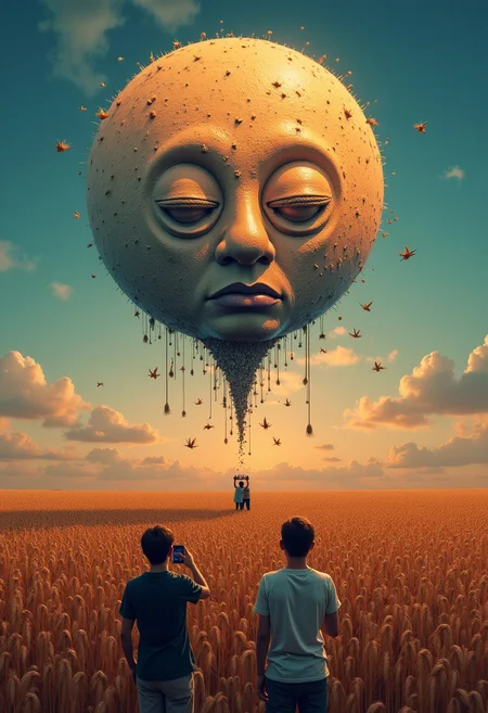 (horror: 1.2), (beautiful color:1.1, multi color, futuristic), A strangely beautiful and abstract moon that is dropping down into a wheat field. On the moon is a human face that looks emotionless and uncanny. A lot of people are using their phone to take a picture of the moon.