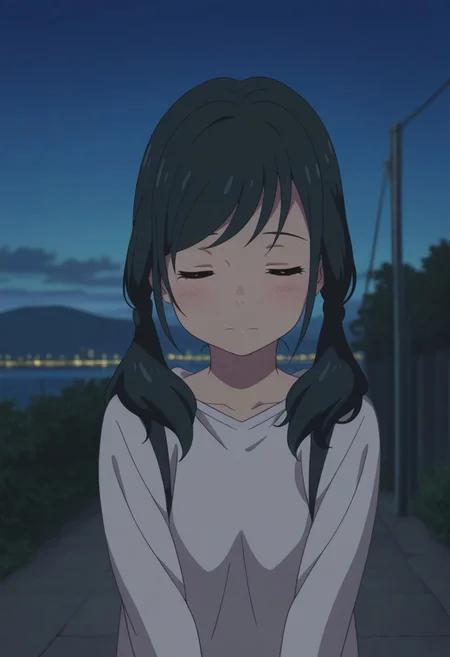 masterpiece,best quality,amazing quality, amano hina, black hair, long hair, low twintails, blue eyes, night, closed eyes, sky, dark, outdoors, 1girl