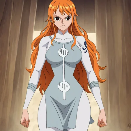 masterpiece, best quality, newest, absurdres, highres, anime, anime style, solo, solo focus,
VILTFit-V1.0-Withemblem, VILTemblem-V1.0, bodysuit, white bodysuit,
1girl, Nami \(one piece\), orange hair,