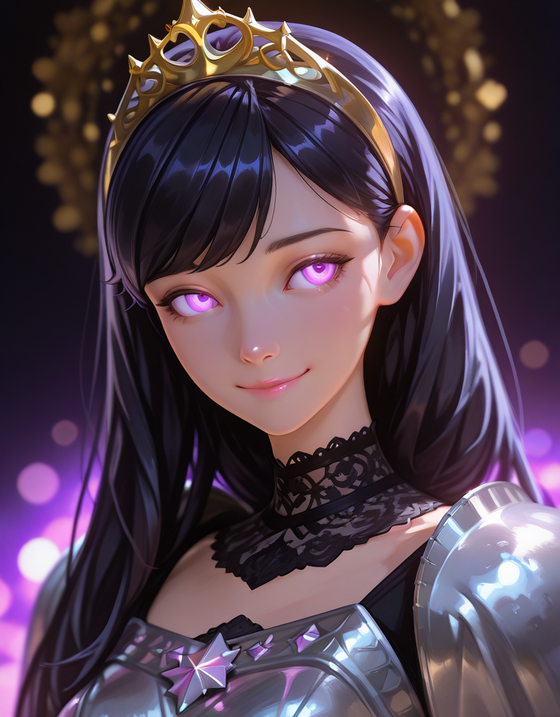 embedding:lazypos, viopar, long hair, black hair, long bangs, swept bangs, hairband, tiara, golden tiara, princess tiara, purple eyes, fantasy armor, regal full plate armor, (decorative silver and white armor), polished metal, breastplate, spaulders, black undershirt, delicate features, beautiful woman, pastel, romantic soft lighting, extremely high detail, digital art style, realism of the digital picture, ultrahigh definition, anime-style, detailed eyes, high resolution, detailed face, ultra-HD, HDR, absolutely eye-catching, vibrant, intricate details, perfect composition, vibrant colors, 8K, depth of field, RTX, dynamic angle, ray tracing, anime style, color theory, highres, very aesthetic, sharp focus, depth of field, dark muted colors, detailed illustration, ambient occlusion, vibrant lighting, vibrant colors, traditional art, animation, 3D, stylized as classical painting, portrait, oil painting, gothic, pink lips, medium breasts, posing for a portrait, slight smile, closed mouth, dignified expression, upper body shot, (dark abstract distant background), glowing eyes, dramatic lighting， glowing background, mischievous face, mischievous eyes, mischievous smile, lace collar, top of chest exposed, visible skin