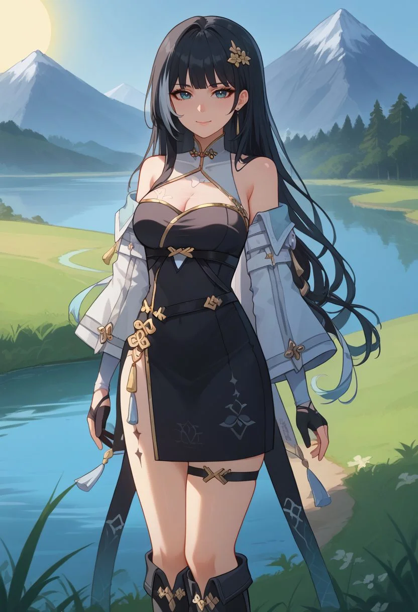 score_9, score_8_up, score_7_up, source_anime, 1girl, baizhidef, blue eyes, black hair, long hair, streaked hair, hair ornament, earrings, jewelry, bare shoulders, detached sleeves, long sleeves, black dress, cleavage cutout, white jacket, off shoulder, chinese clothes, black gloves, fingerless gloves, thigh strap, boots, black footwear, standing, closed mouth, smile, blush, looking at viewer, outdoors, grass, lake, mountain in the background, sun, facing viewer, <lora:Baizhi_v1-000010:1>