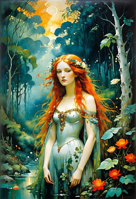 Pre-Raphaelite painting blending the styles of Ferdinand Hodler and Gustav Klimt featuring Ophelia, teen girl central in a surreal jungle, intersecting unconventional realms, vivid cityscapes mingle with space-like extraterrestrial landscapes, grand ecclesiastical architecture, dazzling color palette, individuals in peculiar, distinctive costumes dynamically posed, background pulsates with an ethereal light,