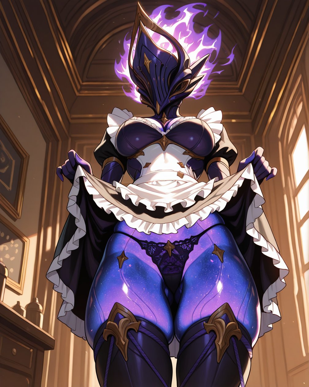 masterpiece, best quality, emberheirloom, 1girl, purple glowing body, fiery hair, cosmic body pattern, ornamented helmet,  thighhighs,  alternative costume, maid outfit, maid apron, frills, upskirt, lifted by self, lace panties, indoors,  skindentation <lora:EmberHeirloomIL:1>