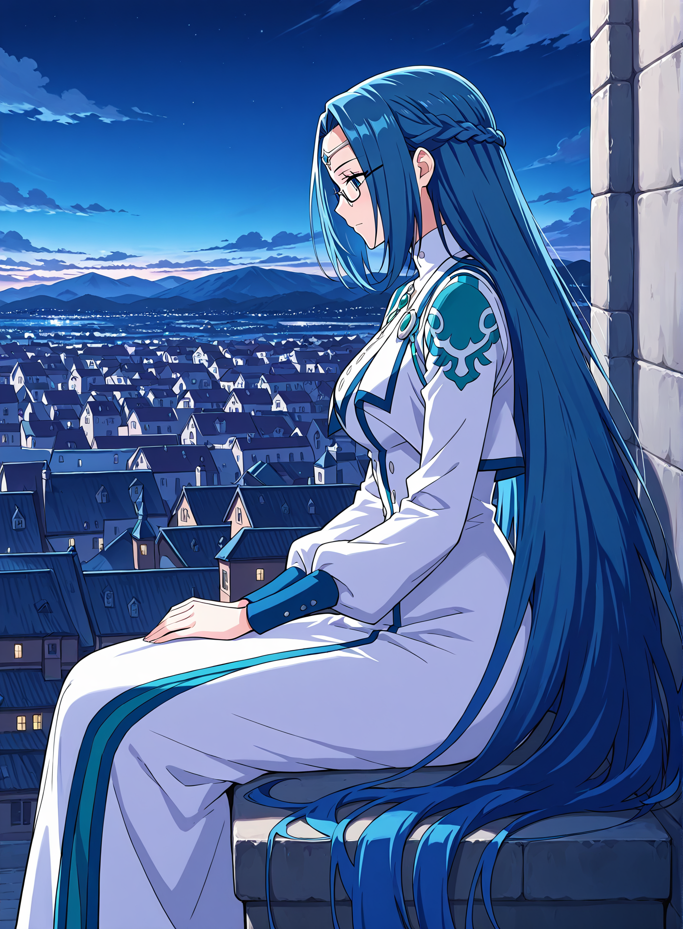 <lora:Ruo_Ling__Battle_Through_the_Heavens__Illustrious:1>
1 girl, solo, blue eyes, very long hair, blue hair, french braid, half updo, 
dress, long skirt, long sleeves, bottons, circlet, jewelry, glasses, semi-rimless eyewear,  
score_9, score_8_up, score_7_up, score_6_up, source_anime, masterpiece, best quality, absurdres, highres, newest, anime coloring <break>  1girl, solo, sitting, on wall, from side, town, night sky, cloud