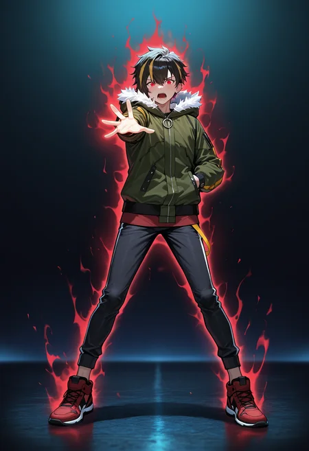 masterpiece,best quality,amazing quality,ryoga jasei,1boy,male focus,solo,jacket,pants,full body,hood,standing,teeth,glowing,brown fur-trimmed hooded jacket,hand in pocket,shoes,open mouth,looking at viewer,legs apart,outstretched arm,zipper,long sleeves,reaching,aura,red footwear,<lora:Ryoga_Jasei:0.9>,