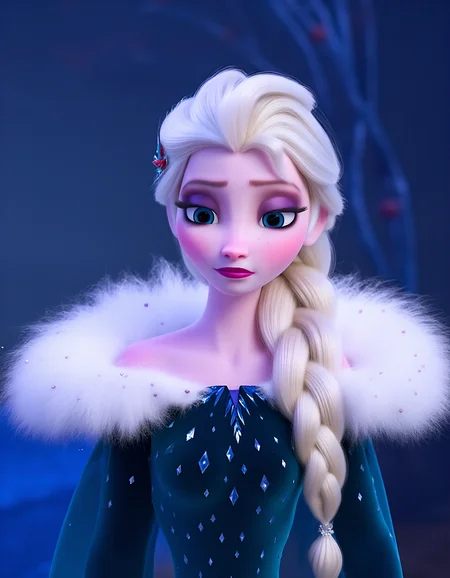 dim,35mm film,(((waist-up view))),elsa \(frozen\), solo, bare shoulders,closed mouth,make faces, Elsa's Winter Dress, Braid on right shoulder,(purple eyeshadow, Shiny lips),outfit 1, elsa's outfit-1, elsa's outfit-1 \(outfit\), view from font, <lora:Elsa-Flux:1>