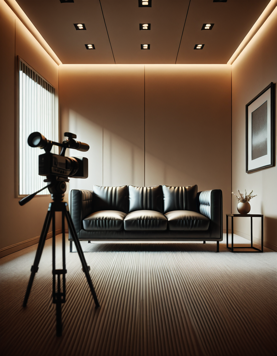 A high-quality, realistic photograph of a modern casting office interior featuring a simple black leather couch positioned against a plain white wall. The couch is sleek, clean, and minimalist in design, with smooth cushions and subtle stitching details. In front of the couch is a small, low wooden coffee table with a few neatly stacked magazines and a glass of water. To the side, there's a professional camera on a tripod aimed at the couch, with softbox lights set up to provide balanced, diffused lighting, eliminating harsh shadows. The floor is covered with light gray carpet, adding a soft texture to the scene. The atmosphere is quiet and neutral, resembling a professional interview space. The overall composition is centered and symmetrical, with a clear focus on the furniture and equipment. No people are present. The photograph has a natural daylight tone coming from an unseen window, giving a soft, ambient glow to the room.
<lora:SDXLFaeTastic2400:0.4> <lora:extremely_detailed:0.4> extremely detailed, <lora:C4st1ng_c0uch-i:1>,C4st1ng c0uch, Masterpiece,best quality,hi res,8k,hi res,8k,award winning,(sharp focus, intricate, highly detailed),