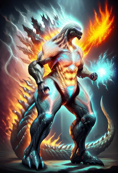 ([masterpiece, best quality, high resolution], score_9, score_8_up, score_7_up, score_6_up, fire, sparks, colorful, electricity, <lora:fflix_inlight:0.75>), (simple background, ulblackholetech, crystaltech, magic fog, excessive energy, scifi, ral-dstgrtptrn, cmth, fflix_inlight, ral-sprnva), (uncensored, (full body), horns, solo, detailed face, 1other, silver eyes, silver eye trail, glowing eyes), (neck tattoo, arm tattoo, leg tattoo, mechanical arms, giant mechanical arms, mecha musume, mechanical tail, muscular body, bulky torso, muscular arms, long arms, long legs, intricate glowing aether tattoos, runemagic), (red theme, anthro, alien, monster, kaiju, horn, spikes, bone, red eyes, no pupils, black body, white body, two tone body, exoskeleton, shin_godzilla, godzilla_earth, glowing veins, glowing body), (fiery patterns, fire elemental spirit, magmatic explosion, smoke, stardust, golden milky way, magic fog, lumina, mystical, multicolored, glowing, magic swirling, glowing magical energy)